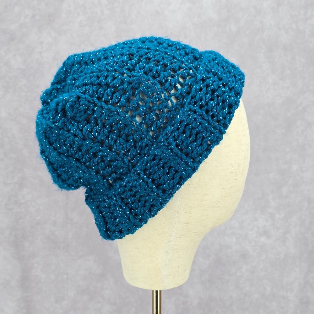 Blue Metallic Crochet Knit Bucket Cap Hat‎ Fun Vintage Y2K Funky Beanie